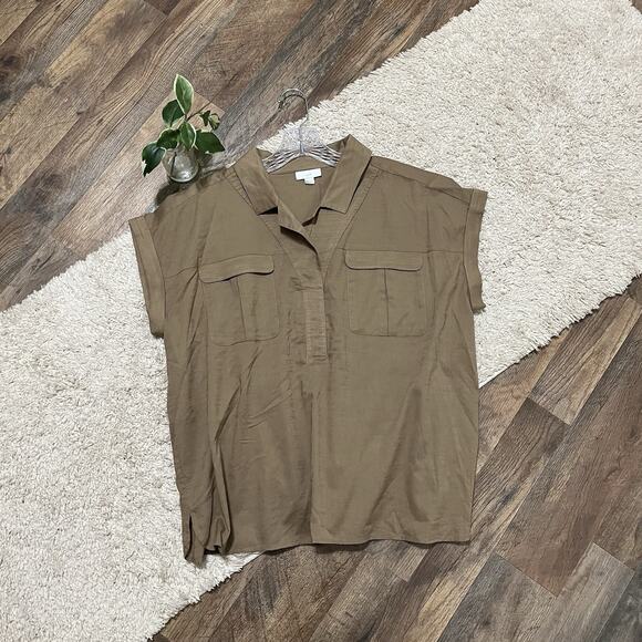 J.Jill Large Petite Brown Cap Sleeve 100% Cotton Pullover Utility Camp Shirt - Picture 1 of 6